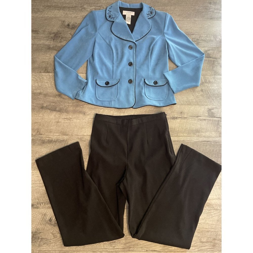 Sag Harbor Petite Pant Suit Jacket Womens 6P Blue Black 2PC Set Velour Feel VTG